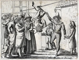 Fête au village : jeux et déguisements. Gravure fin XVIIIe siècle. Collection privée.