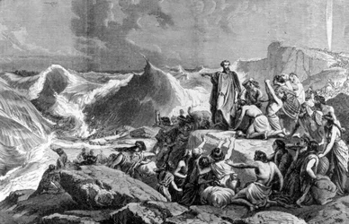 Pharaon submergé dans la mer Rouge. Gravure du 19ème siècle