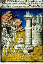 Philippe II Auguste (1165-1223) à Chinon - Miniature dans les Grandes Chroniques de Saint-Denis, fin du XIVe siècle. (ref. 512, 237r) Demande d