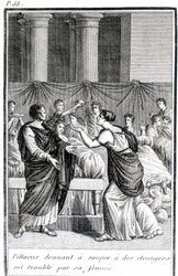 Pillacus donnant un dîner aux étrangers est troublé par sa femme
