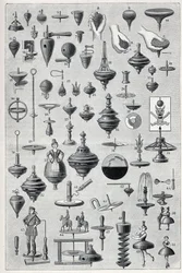 Planche montrant une collection de toupies avec différentes formes et systèmes de rotation. Gravure dans « La Nature »