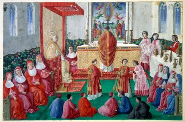 Le pape Sixte IV assiste à la messe dans la chapelle Sixtine au Vatican