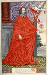 Portrait du cardinal Jules Mazarin. Portrait peint sur vélin dans Jean Puget de La Serre, Panégyrique des hommes illustres de notre temps. 1655