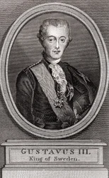 Portrait de Gustave III (1746-1792), roi de Suède de 1771 à 1792 gravure de 1787 « Collection aux Soldats d