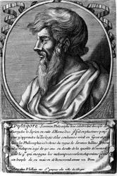 Portrait de Pythagore (ca. 570 - vers 480 av. J.-C.), mathématicien et philosophe grec. Gravure du XVIIIe siècle