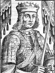 Portrait de Roger II de Hauteville (Ruggero Altavilla) (1097-1154), fondateur de la monarchie de Sicile. Xylographie du XVIe siècle