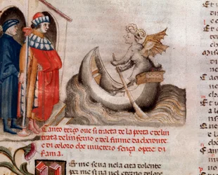 Portrait du poète italien Dante Alighieri regardant Charon son bateau traversant l