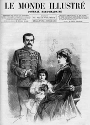 Portrait du roi de Serbie Milan I, entouré de la reine Nathalie et de son héritier le prince Alexandre. Dans « Le Monde Illustré » 1885.