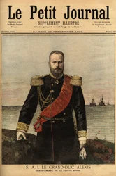 Portrait du grand amiral de la flotte russe, allié de la France, Grand-Duc Alexandrovich Romanov (1850-1908) fils du Tsar Alexandre II (1818-1881). Gravure dans "Le petit journal" 30/09/1893. Collection Selva.