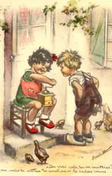 Carte postale, kitsch, deux enfants avec un moulin à café, fille et garçon