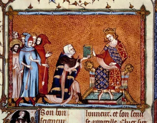 Présentation du livre : Jean de Joinville (1224-1317) offre son livre à Louis roi de Navarre futur Louis X le Hutin. Miniature dans « Vie de Saint Louis »