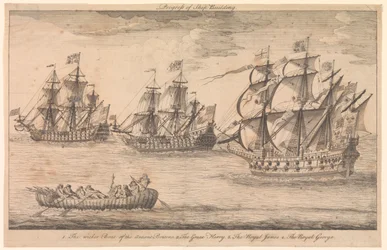 Progrès de la construction navale. 1. Le bateau en osier des anciens Bretons 2. Le Great Harry 3. Le Royal James 4. Le Royal George