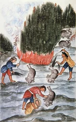 Chasse au lapin, du livre "Trujillo del Peru" ou "Codex Martínez Compañón", par Baltazar Martinez Compañón y Bujanda, évêque de Trujillo (1782-1785)
