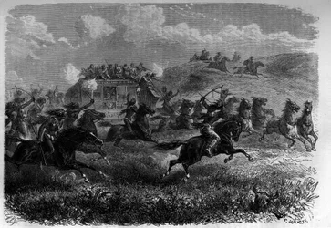 Cavaliers peaux-rouges attaquant une diligence dans la prairie. Gravure dans « Le Journal de la Jeunesse ».
