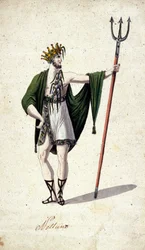 Représentation du dieu romain Neptune tenant un trident (identifié au Poséidon grec). Aquarelle du 18ème siècle
