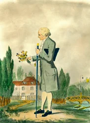 Représentation du philosophe suisse Jean-Jacques Rousseau (1712-1778) cueillant des fleurs à Ermenonville. Gravure du XVIIIe siècle. Collection privée