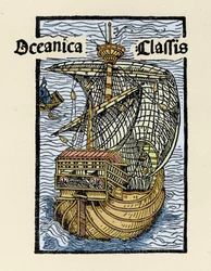 Représentation de la caravelle Santa Maria par Christophe Colomb (1451-1506). Gravure de « De insulis in mare Indico super inventis », Bâle 1493-1494 (traduction latine du rapport de Colomb au roi d