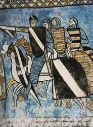 ESPAGNE. CASTILLE ET LEÓN. Valladolid. Monastère de San Bernardo de Valbuena. Armée castillane, groupe de soldats chrétiens à cheval. XIVe siècle. Peinture murale sur "La Reconquista". Art gothique