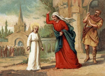 Sainte Geneviève (422-502), patronne de Paris, maltraitée par sa mère. Chromolithographie vers 1890