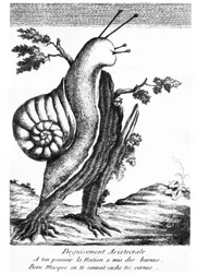 Dessin satirique : déguisement aristocratique (un escargot sur une souche) : «À ton pouvoir la Nation a fixé des limites, beau masque, nous te connaissons, cache tes cornes» - 1790, musée Carnavalet.