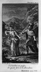 Scène du premier acte de « Zenobia » (Zénobie), opéra du compositeur Niccolò Vito Piccinni (ou Piccini) (1728-1800) (1756) d