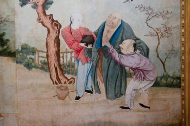 Scènes de la vie quotidienne en Chine, détail du papier peint chinois, cabinet chinois, résidence de chasse, par Filippo Juvarra (1678-1736), Stupinigi, Piémont, Italie