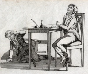 Écoliers à une table avec encrier. Gravure fin XVIIIe siècle. Collection privée.