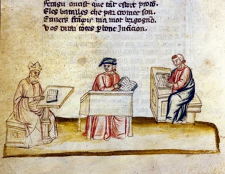 Savants étudiant dans un monastère. Miniature du manuscrit franco-italien "Entrée d