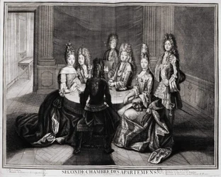 Deuxième salle des appartements (Versailles) : 1. Monseigneur, 2. Madame Princesse de Conti Douairière, 3. Monsieur le Duc de Bourbon, 4. Madame la Duchesse de Bourbon, 5. Monsieur de Vendôme, Grand Prieur de France. Gravure de Trouvain, début XVIIIe siècl