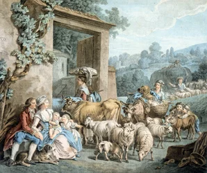 Bergers et troupeau de moutons devant une ferme