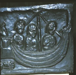 Navire au 12ème siècle. Détail de la cathédrale de Winchester. Première représentation connue d