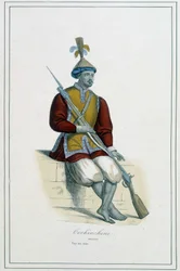 Soldat en armure cochinchinoise - dans « Les différents peuples de la terre » par Abbé Paul Jonhanneaud, Librairie des Bons livres