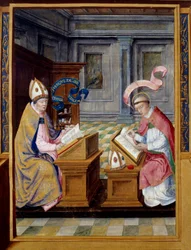 Saint Cyrille de Jérusalem (315-386) et Saint Augustin (354-430) Miniature sur parchemin du XVIe siècle. Écouen, Musée national de la Renaissance