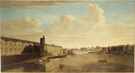La Grande Galerie du Louvre, avec la Porte Neuve, Pont-Neuf, Cité, Tour de Nesle et Quai Malaquais, vers 1640, arrondissements actuels 1er et 6e, entre 1635 et 1645