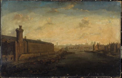La Grande Galerie du Louvre, avec la Porte Neuve, Pont-Neuf, Cité, Tour de Nesle et Quai Malaquais, vers 1640, actuels 1er et 6e arrondissements