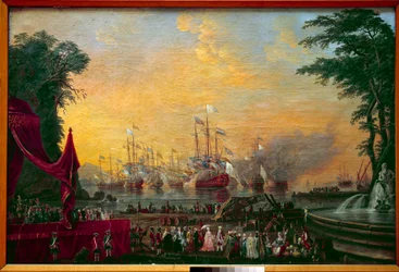 La flotte de rempart à Toulon lançant des salves lors de la visite du comte de Provence (futur Louis XVIII) et de l