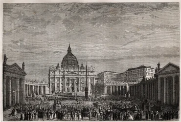 La foule se précipite sur la place Saint-Pierre au Vatican pour recevoir la grande bénédiction de Pâques par le pape Pie IX (1792-1878). Gravure pour illustrer le récit de la Semaine Sainte à Rome, en 1863, par Ludovic Celler, dans « Le tour du monde, nouv