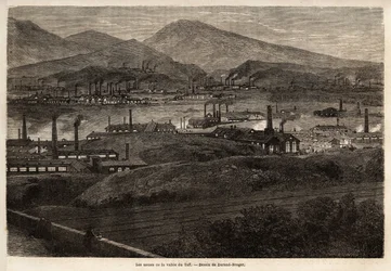 Les usines de la vallée de Taff. Dessin de Durand Brager, pour illustrer une visite aux grandes usines du Pays de Galles en 1862, par L. Simonin. Gravure dans « Le tour du monde », édité par Edouard Charton