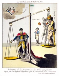 Le pied du nez de Milord Pitt - Le résultat de la prétendue Journée des Trois Empereurs - remportée par Sa Majesté Napoléon le jour du 1er anniversaire de son couronnement. Caricature sur Napoléon Ier et la 3e coalition (la Grande-Bretagne représentée par