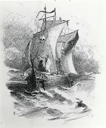 La légende du Vaisseau Fantôme ou du Hollandais Volant : un commandant hollandais voulant défier le destin aurait été condamné à errer sur son navire pour toujours, apportant malheur aux navires croisant sa route. Gravure du XIXe siècle.