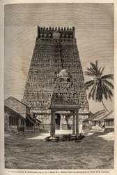 Le gopuram principal du temple de Rama à Combaronum, composé de 11 étages, et surmonté de 11 boules, les différentes faces de cette tour pyramidale sont entièrement couvertes de statues. Gravure pour illustrer le voyage dans les provinces méridionales de l