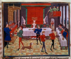 Le banquet de mariage de Clarisse, fille du roi Yvon de Gascogne et Renaud. Miniature du manuscrit « Renaud de Montauban » ou « Les quatre fils Aymon » par Loyset Liedet (actif entre 1448 et 1478). Ms. 5073. 15e siècle Bibliothèque
