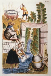 Le travail de la laine, du livre "Trujillo del Peru" ou "Códice Martínez Compañón", par Baltazar Martinez Compañón y Bujanda, évêque de Trujillo (1782-1785)