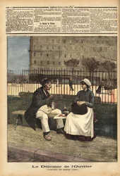 Le déjeuner des ouvriers, reproduction du tableau de Henri Cain (1859-1930), peintre et dramaturge. Gravure dans « Le petit journal » 18/04/1891. Collection Selva