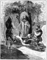 Trois bourreaux de Saint Léger (616-677) se jetèrent à ses pieds pour demander pardon. Gravure du 19ème siècle