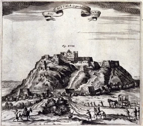 Tibet. Vue du Pothala, palais du Dalaï Lama à Lhassa. "De China Monumenta" par Athanasius Kircher, Amsterdam 1667.