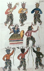 Danse traditionnelle des Diablicos au Pérou, du livre "Trujillo del Peru" ou "Códice Martínez Compañón", par Baltazar Martinez Compañón y Bujanda, évêque de Trujillo (1782-1785)