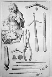 Trépanation du crâne, divers instruments (gravure)