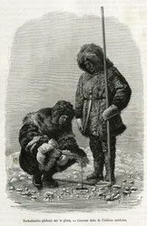 Tschuktschis pêchant sur la glace dans la baie de Koljutschin (cercle polaire). Gravure de l
