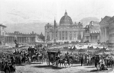 Concile Vatican I. Rome, place Saint-Pierre un jour de session générale du Concile. 1870